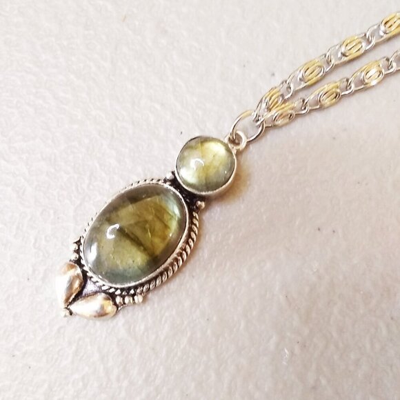 Hunter Green Labradorite Necklace ~ .925 ~ Intricate Stainless Steel Chain 20" - Picture 1 of 12